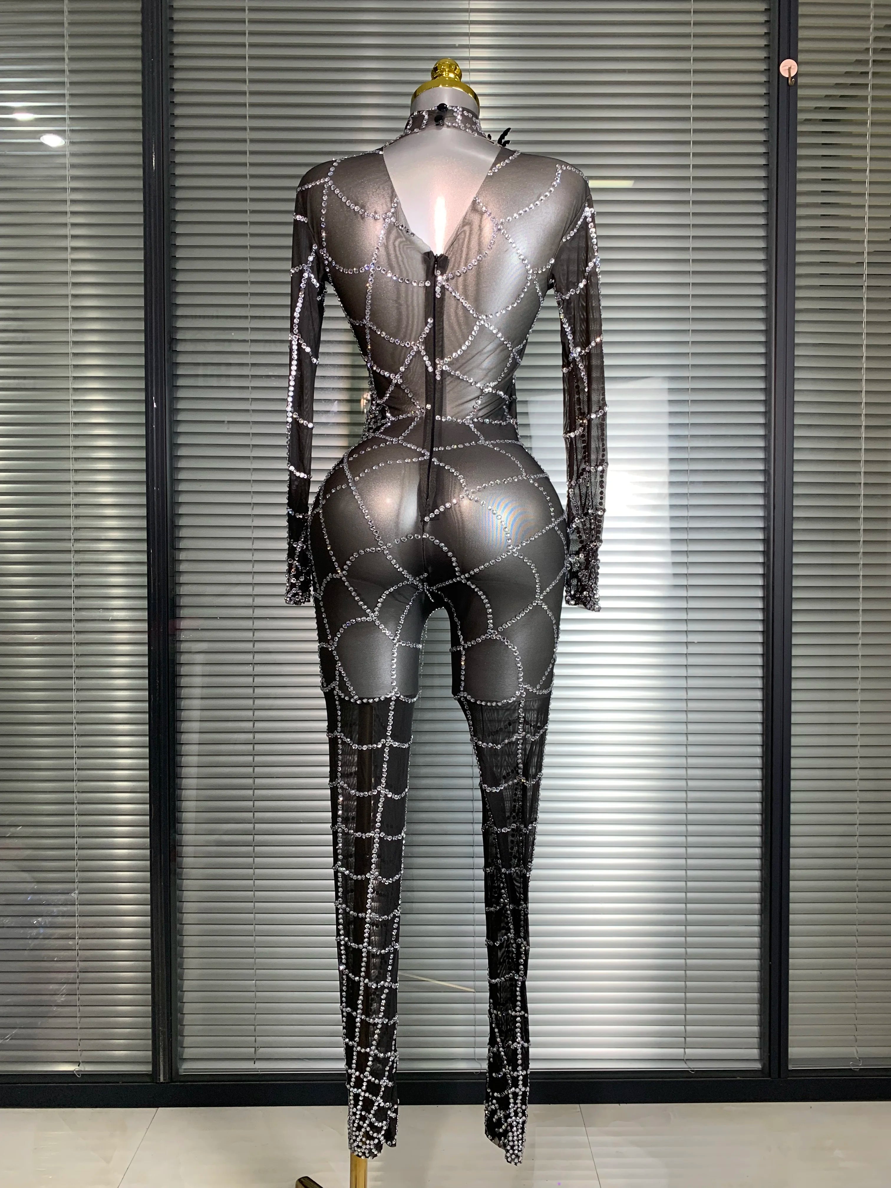 Summer New 2025 Women Sexy Crystal Sheer Black Long Sleeve Bodycon Jumpsuit Celebrity Designer Dancer Night Club Rompers