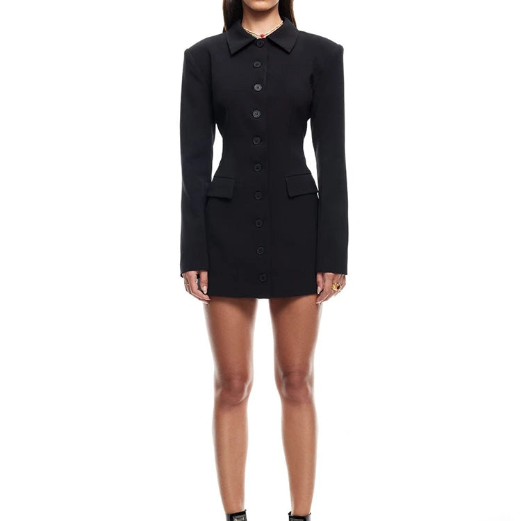 Long Sleeve Lapel Sexy Mini Dress For Women Solid Single-breasted Two Pocket High Waist Office Lady Blazer Dress