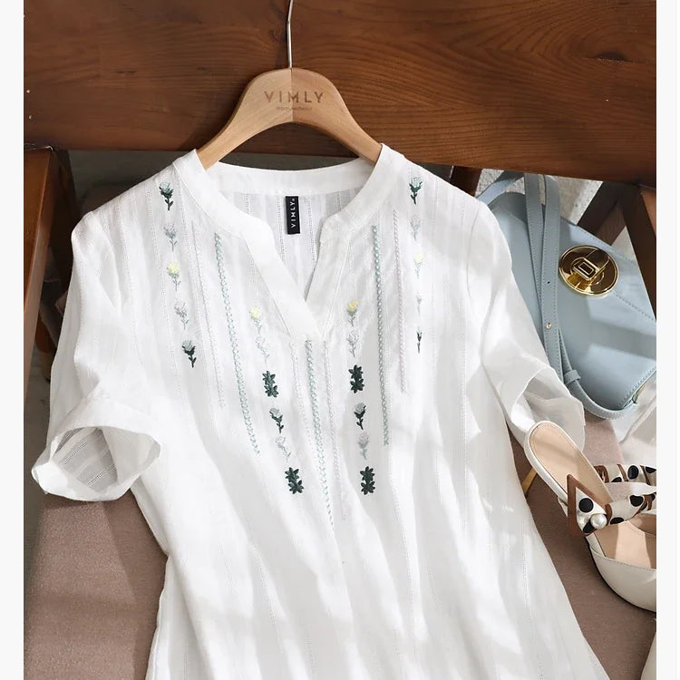 Cotton Short Sleeve Shirt Women Female Summer Tops Straight Floral Embroidery Ladies French Shirts & Blouses