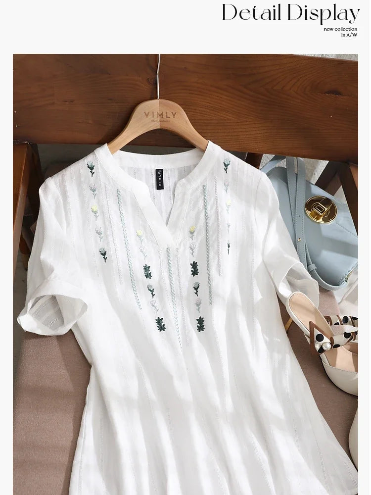 Cotton Short Sleeve Shirt Women Female Summer Tops Straight Floral Embroidery Ladies French Shirts & Blouses