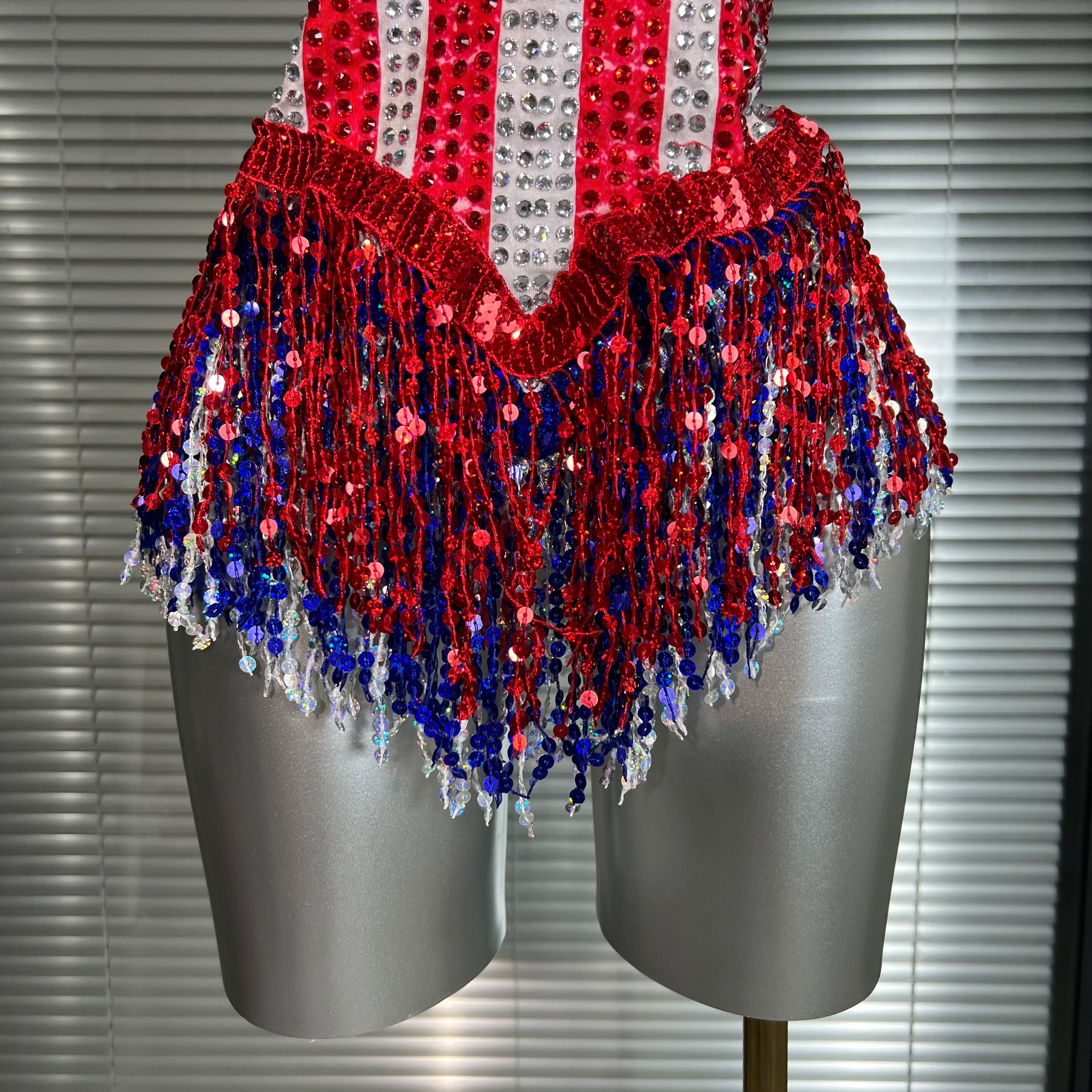 Women Sexy Tassel Crystal Stretched Night Club Circus Dancer USA Flag Stage Costume Party Bodysuit