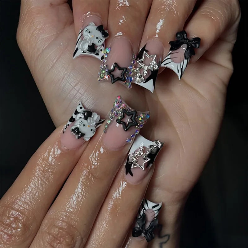 24Pcs Black and White Kitten Press on Nail False Nail Square Removable Handmade Wearable Nail Art for Women&Girl