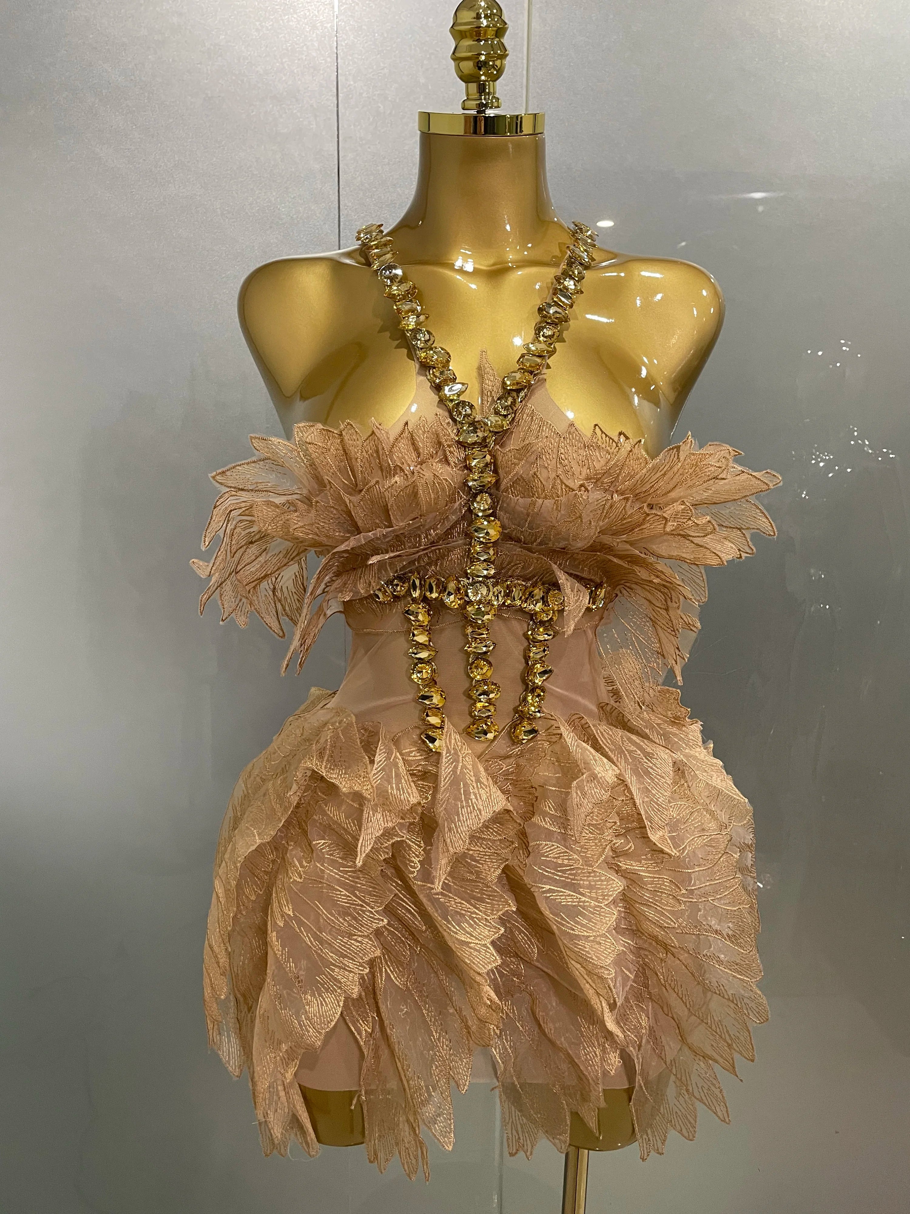 Sexy Shining Gold Crystal Transparent Wings Mini Dress 2025 Women Birthday Party Bar Nightclub Singer Stage Performance Costume