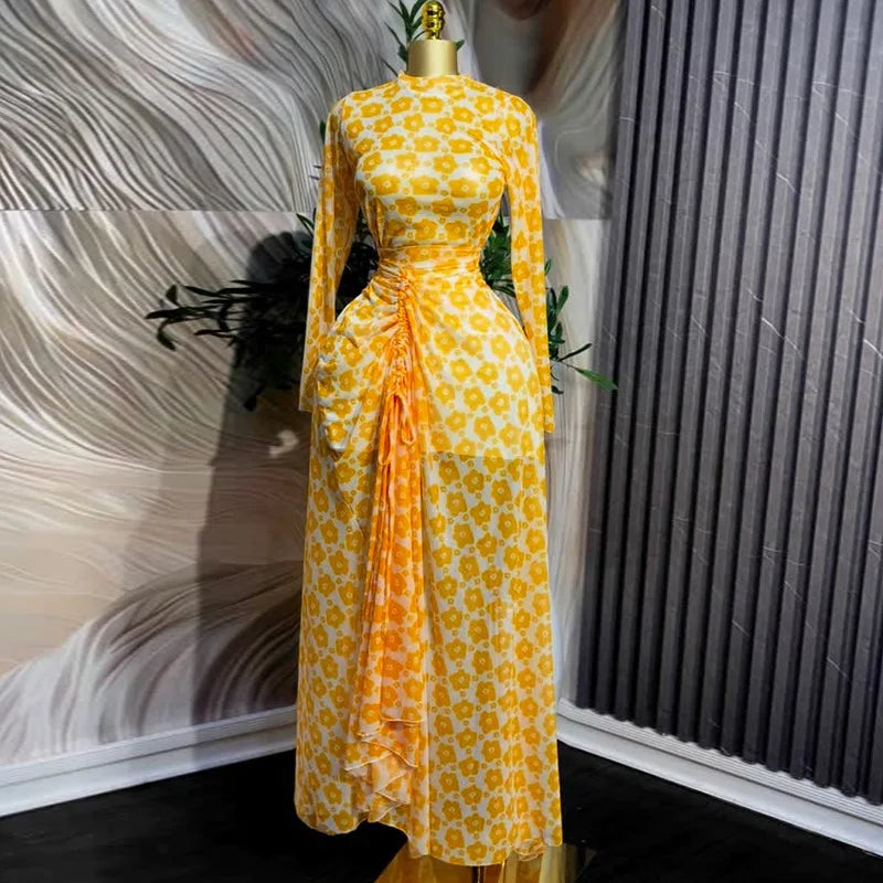 CM.YAYA Summer Floral Printed Women Long Sleeve Elegant Drawstring Ruched Up Maxi Long Dress Night Club Party Dresses Vestidos Yellow