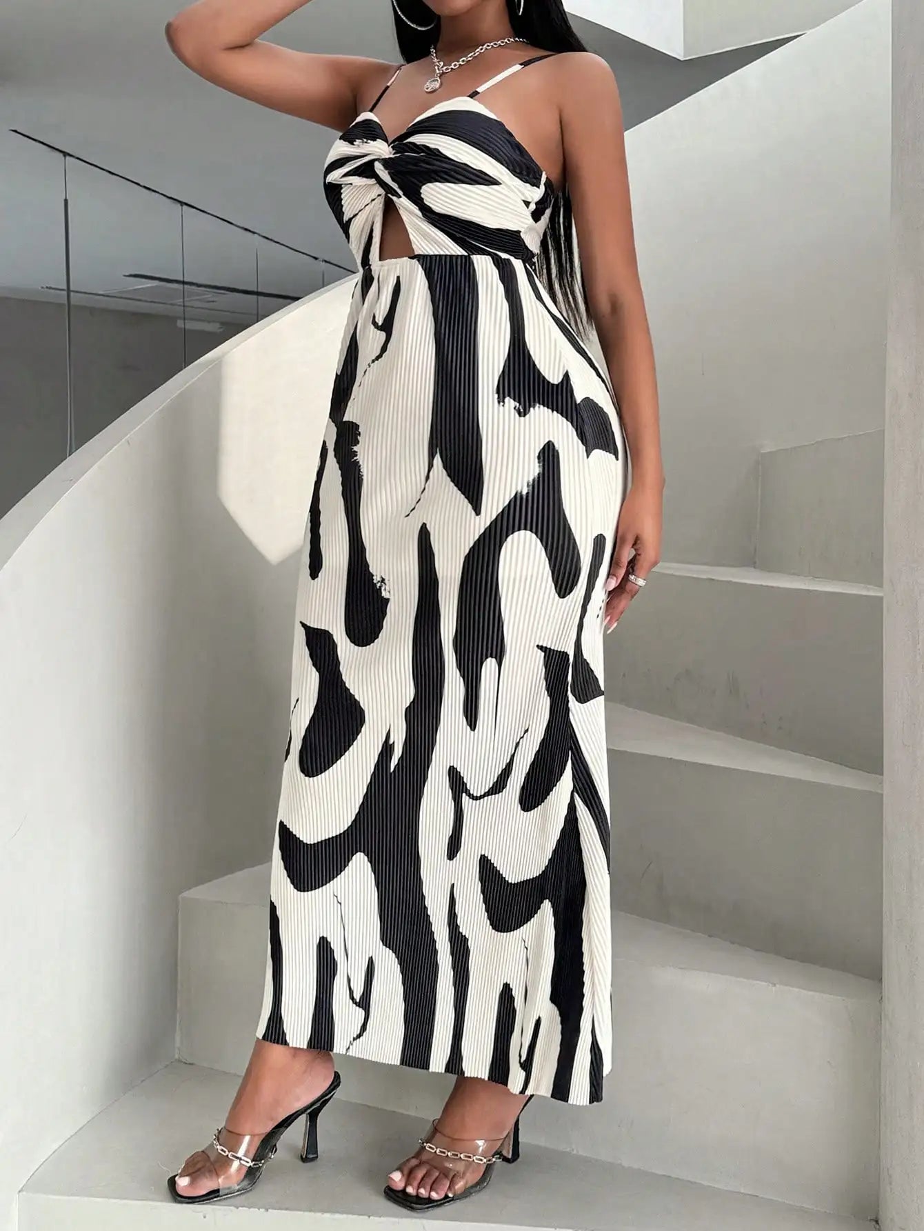 Women Dress Elegant Sexy Backless Hollow Out Dress Printed Irregular Slim Long Dresses