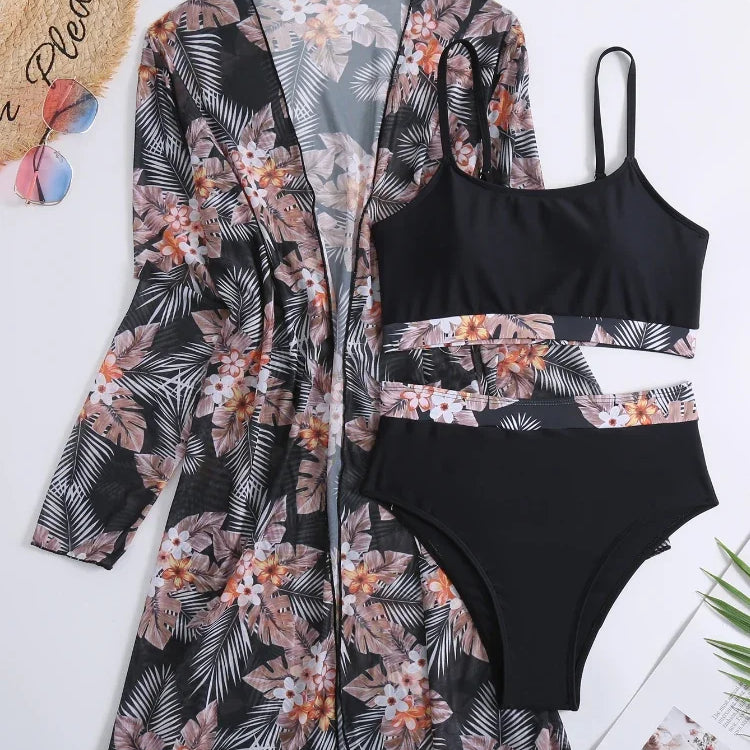 2024 New 3 Pieces Set High Waist Bikini Women Swimsuit&Kimono Bandeau Swimwear Sexy Cover Ups Floral Beachwear Bathing Suit