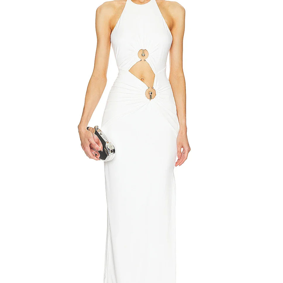 White Color Women Sexy Off the Shoulder Keyholes Bodycon Bandage Mid-calf Dress Backless Fashion Celebrate Nightclub Party Dress