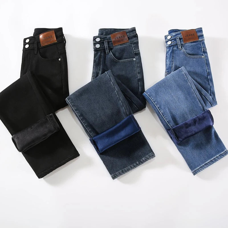 Autumn Winter Denim Jeans Women Double Row Vertical Buckle High Waisted Elastic Brand Slim Straight Warm Classic Smoke Pants