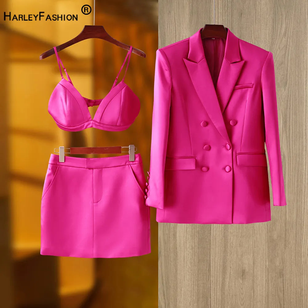 Smooth Satin Fabric Fusicha 3PCS Blazer Suit Fashion Elegant Street Mini Skirt Women Quality Clothing