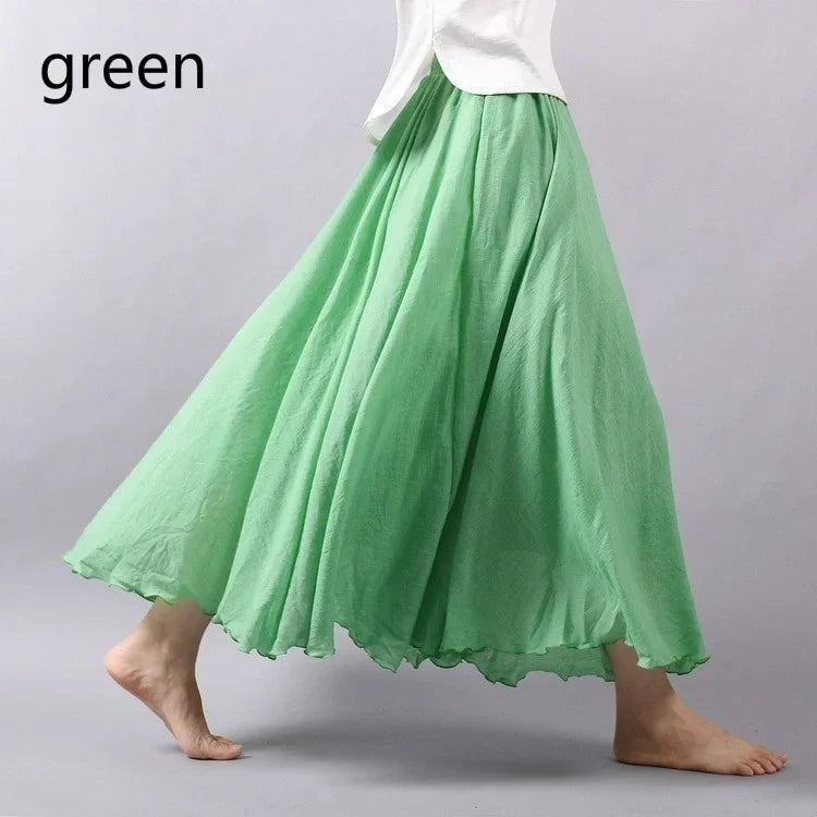 14 Colors Linen Maxi Skirt Pleated Vintage Boho Maxi Long Casual Cotton Beach Skirt Empire A-Line Linen Skirt Ladies Clothing green One Size