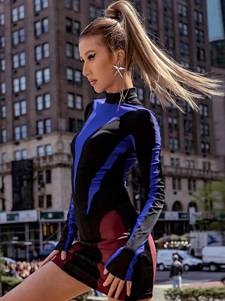 CNYISHE Striped Multicolor Bodycon Sheath Sexy Club Women Dresses Long Sleeve Outfits Half High Collar Hip Wrap Female Vestidos