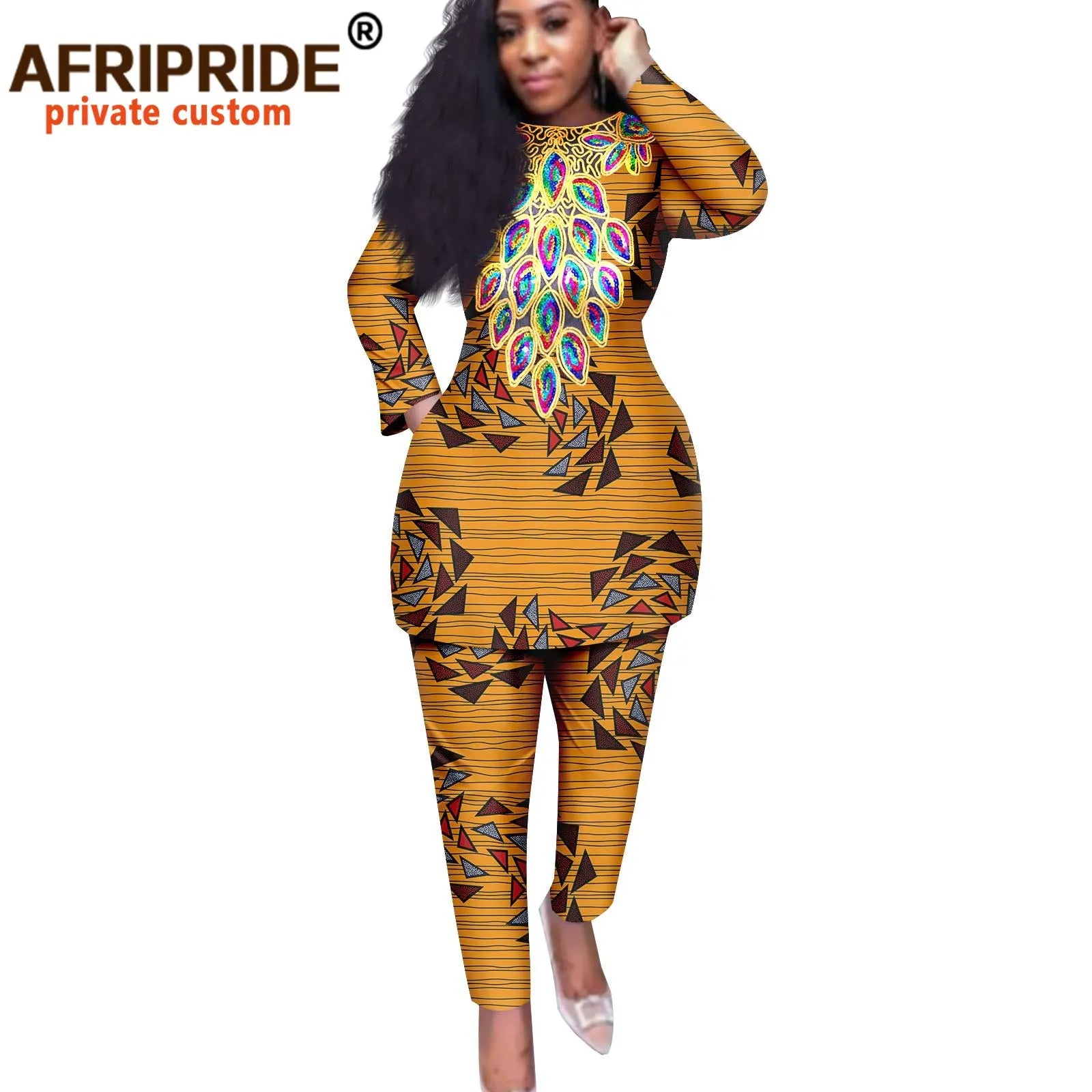 African American Women's Printed Fabric Top with Pants, Dazzling Stamping Set, Long Sleeve, Plus Size, Fashion, A2226026