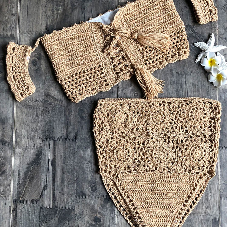 Crochet High Leg Bandeau Bikini Set Swimwear Female Two Pieces Swimsuit High Waist Bikini Women Bathing Suit Biquini 2019 New Khaki