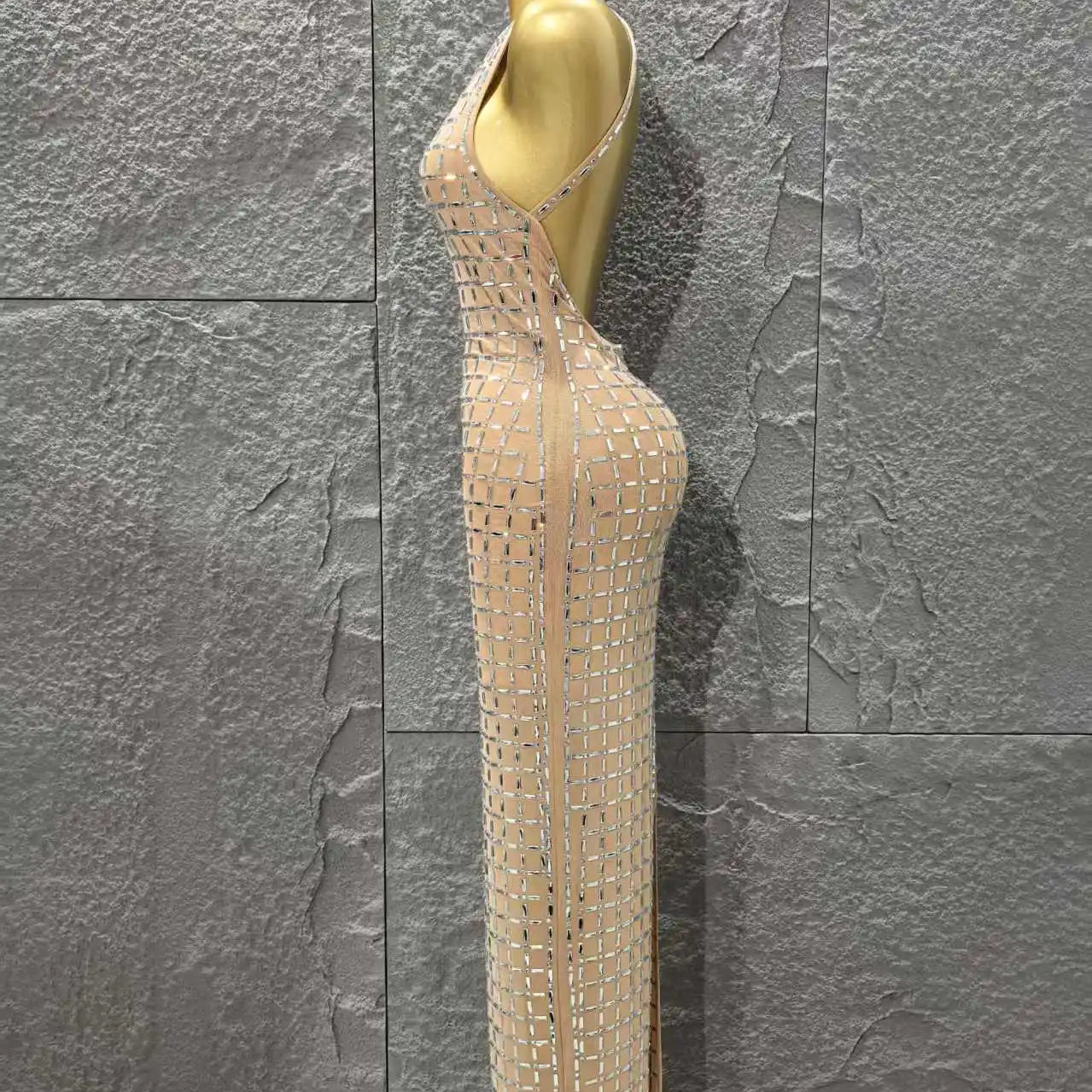 STOCK Fashion Women Sleeveless Sexy Beading Mesh See Through 2 Pieces Bodycon Dress Celebrate Nightclub Party Outfit Vestido