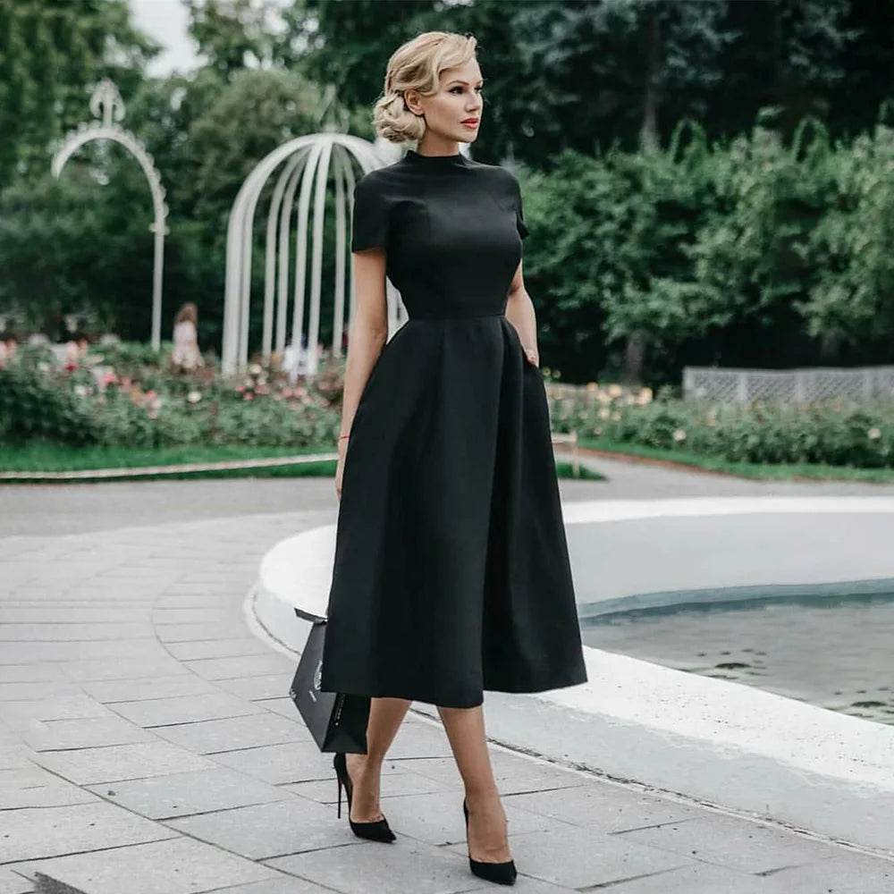 Women Elegant Black Dress Half High Collar High Waist A-Line Dresses Slim Fit Dress Office Lady Female Solid Vestidos
