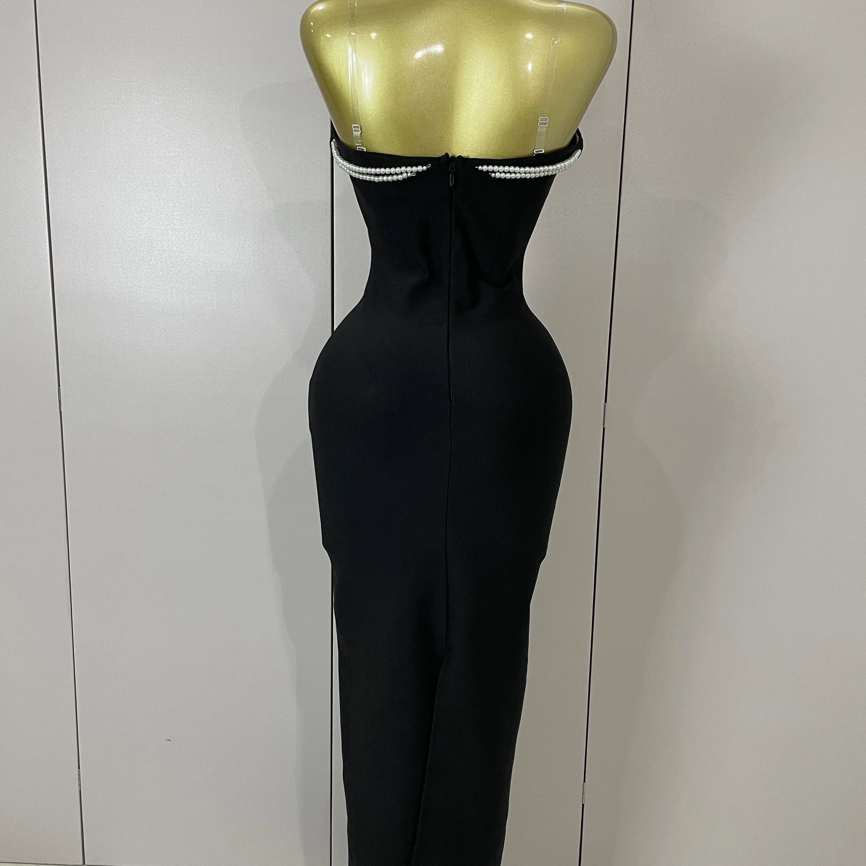 Sexy Backless Strapless Black Beading Long Bandage Bodycon Dress 2025 Women Celebrity Elegant Evening Luxury Birthday Dresses