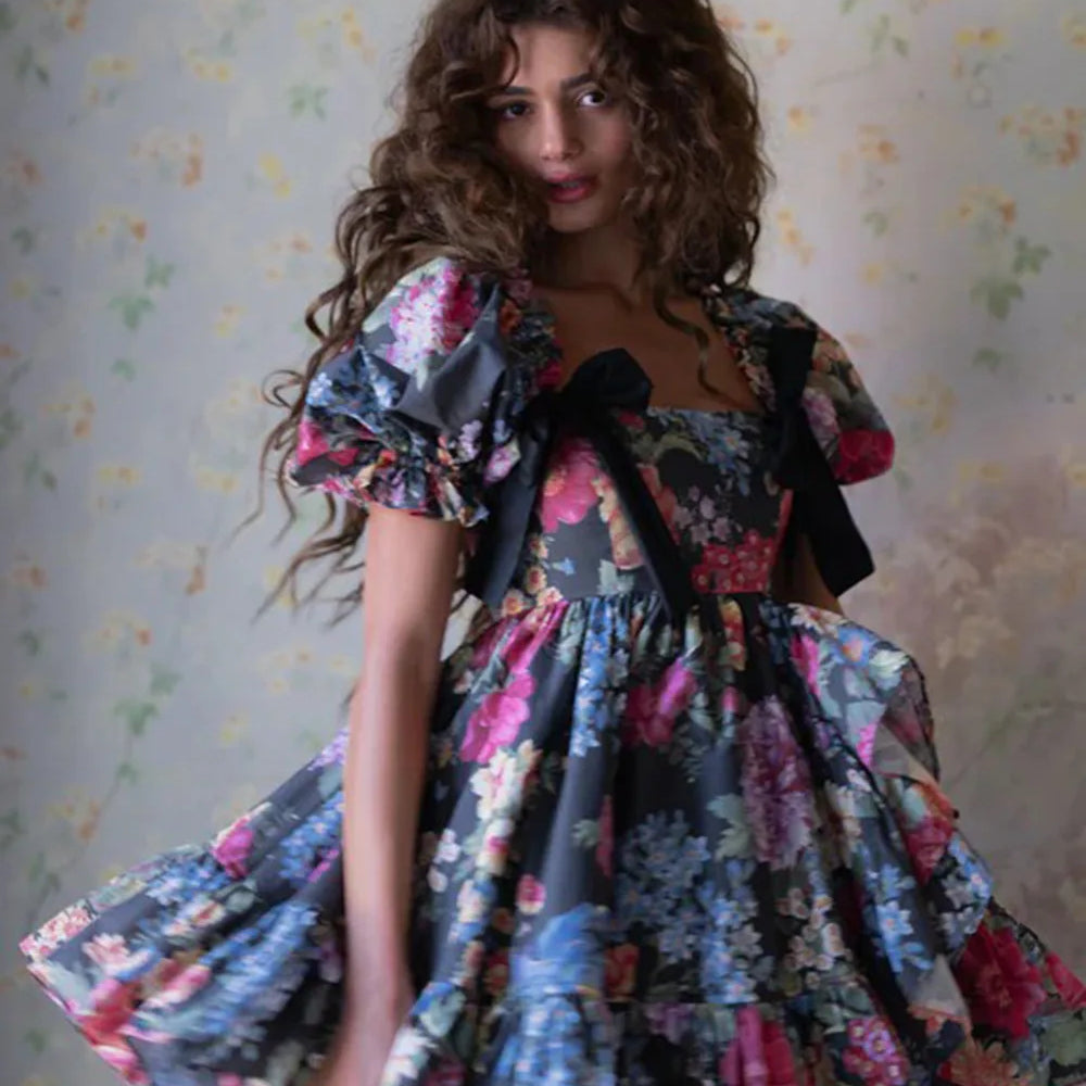 Women Short Sleeve Square Collar Ball Gown Mini Dress Print Color Celebrate Girls's Vacation Celebrate Birthday Outfit