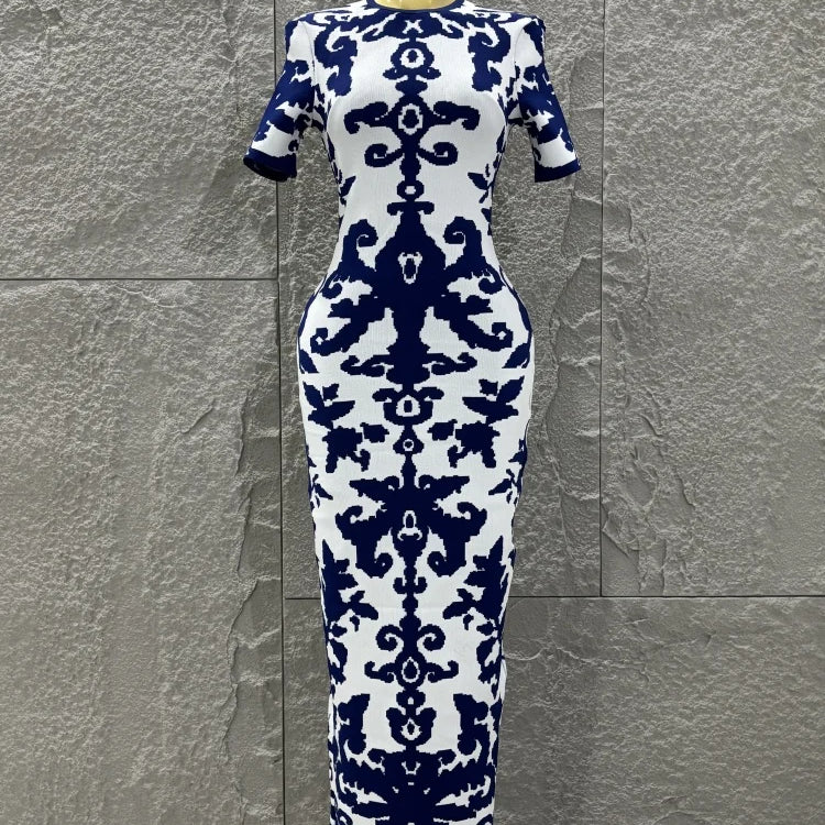 Top Quality Women Short Sleeve Sexy Blue Jacquard Bodycon Long Bandage Dress Elegant Evening Party Occation Office Wear