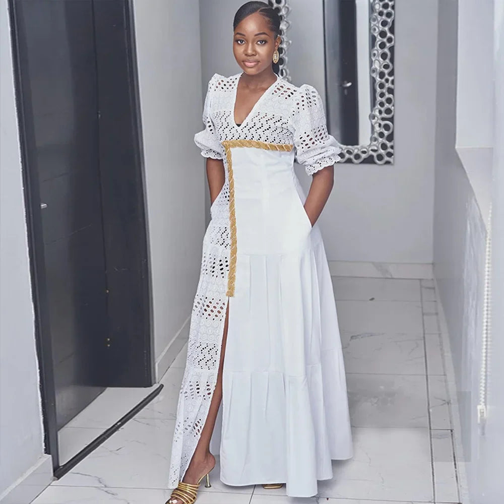 White Sexy V-neck Hollow Dresses Summer Fashion Women Puff Sleeve Slim High Split Long Dress Casual High Street Dress