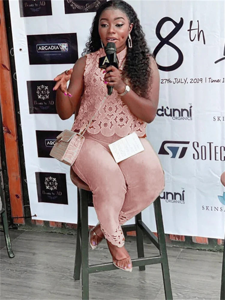 Wmstar Women Two Piece Set Plus Size Summer Fashion Sleeveless Casual Outfits Solid Color Holiday Long Pants Office Streetwear