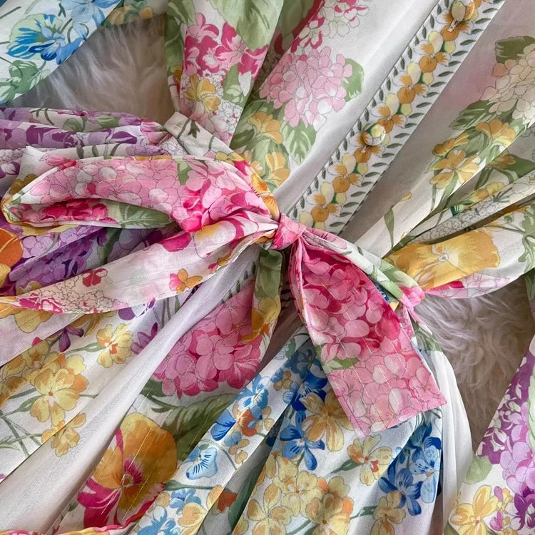 Fashion Bohemain Flower Maxi Dress Women's Stand Long Lantern Sleeve Single Breasted Floral Print Lace Up Loose Boho Robe