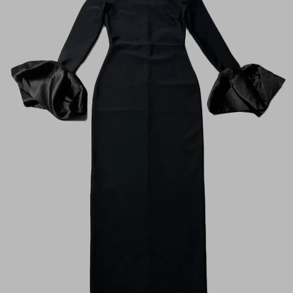 2024 Women's Light Luxury Beaded Elegant Bandage Dress Stand Collar Horn Sleeve Bodycon Long Dresses Evening Club Party Vestidos