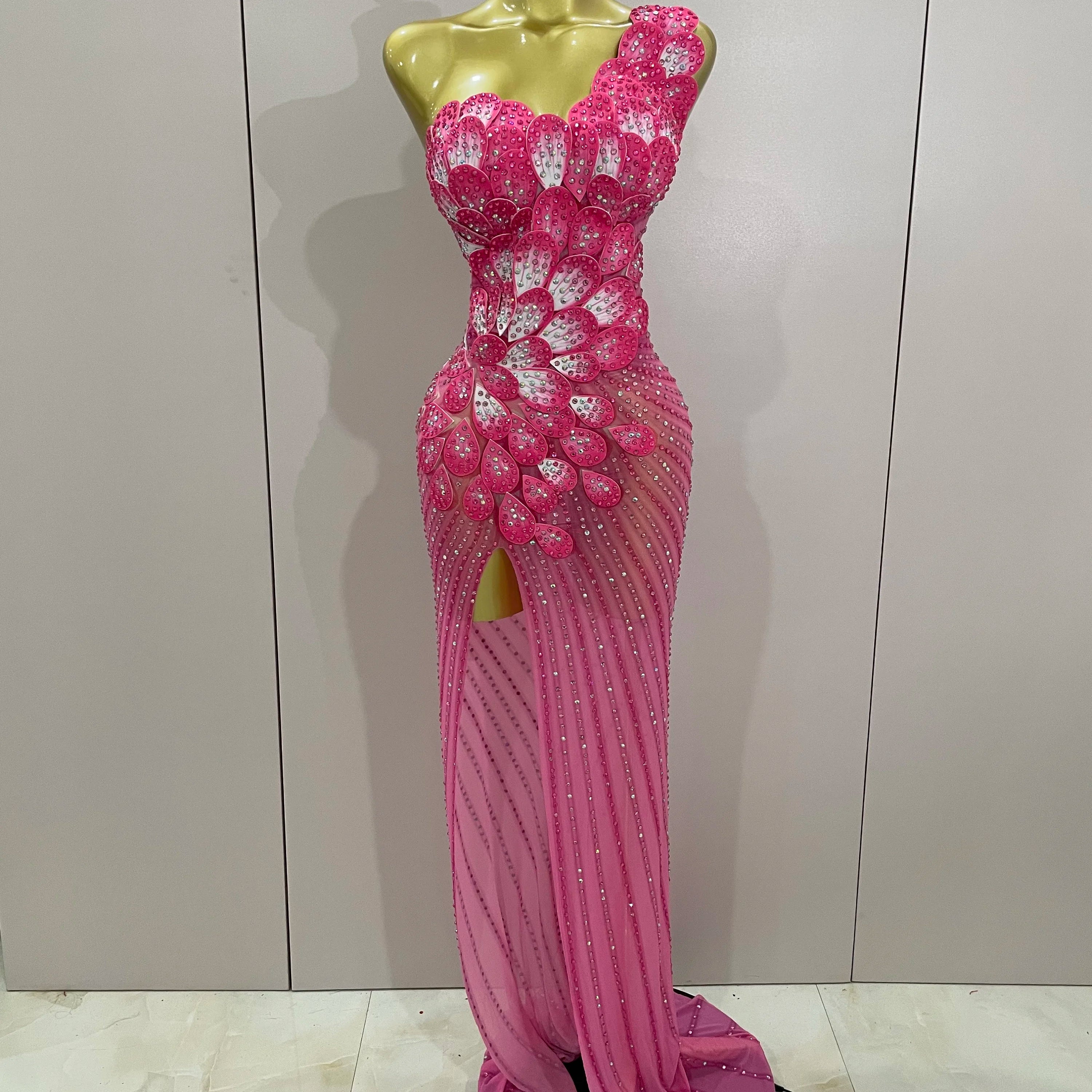 Luxury Shinning Rhinestones Flowers Sexy One Shoulder Bodycon Maxi Long Dress 2025 Women Evening Birthday Party Stage Costume