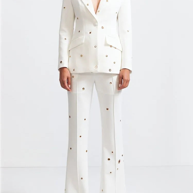 TWOTWINSTYLE Casual Hollow Out Two Piece Sets For Women Notched Collar Long Sleeve Blazer High Waist Pant Loose Set Female Style