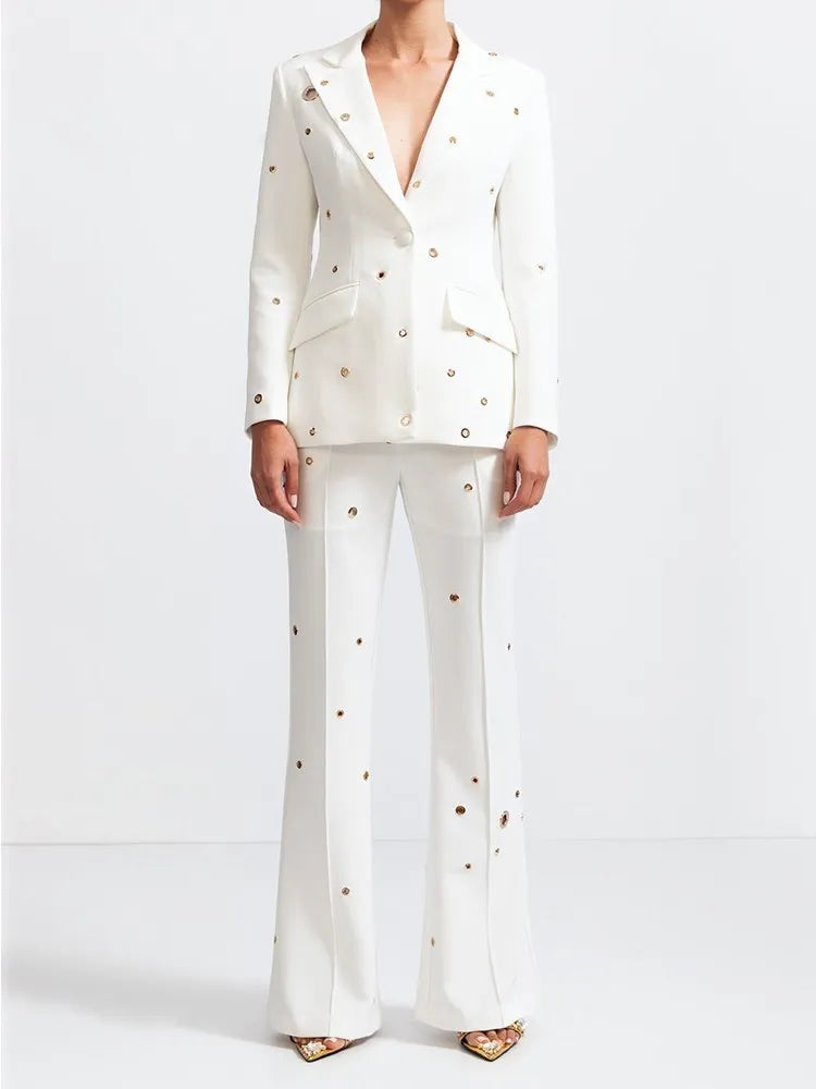 TWOTWINSTYLE Casual Hollow Out Two Piece Sets For Women Notched Collar Long Sleeve Blazer High Waist Pant Loose Set Female Style