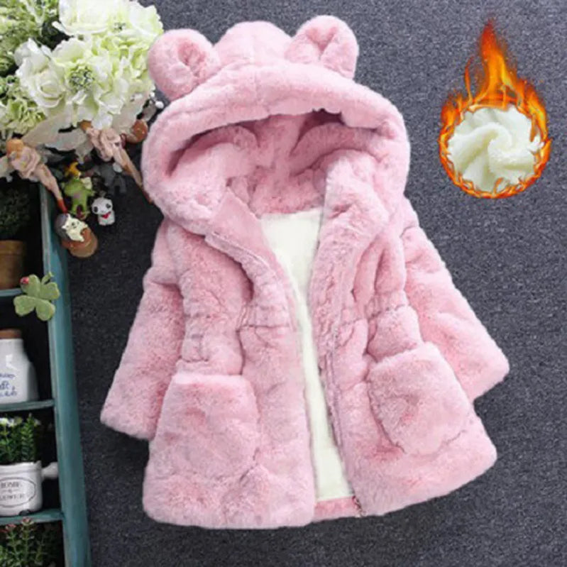 겨울 아기 ​​여자 옷 가짜 모피 코트 양털 재킷 따뜻한 스노우 슈트 후드 파카 어린이 외부웨어 가을 의류