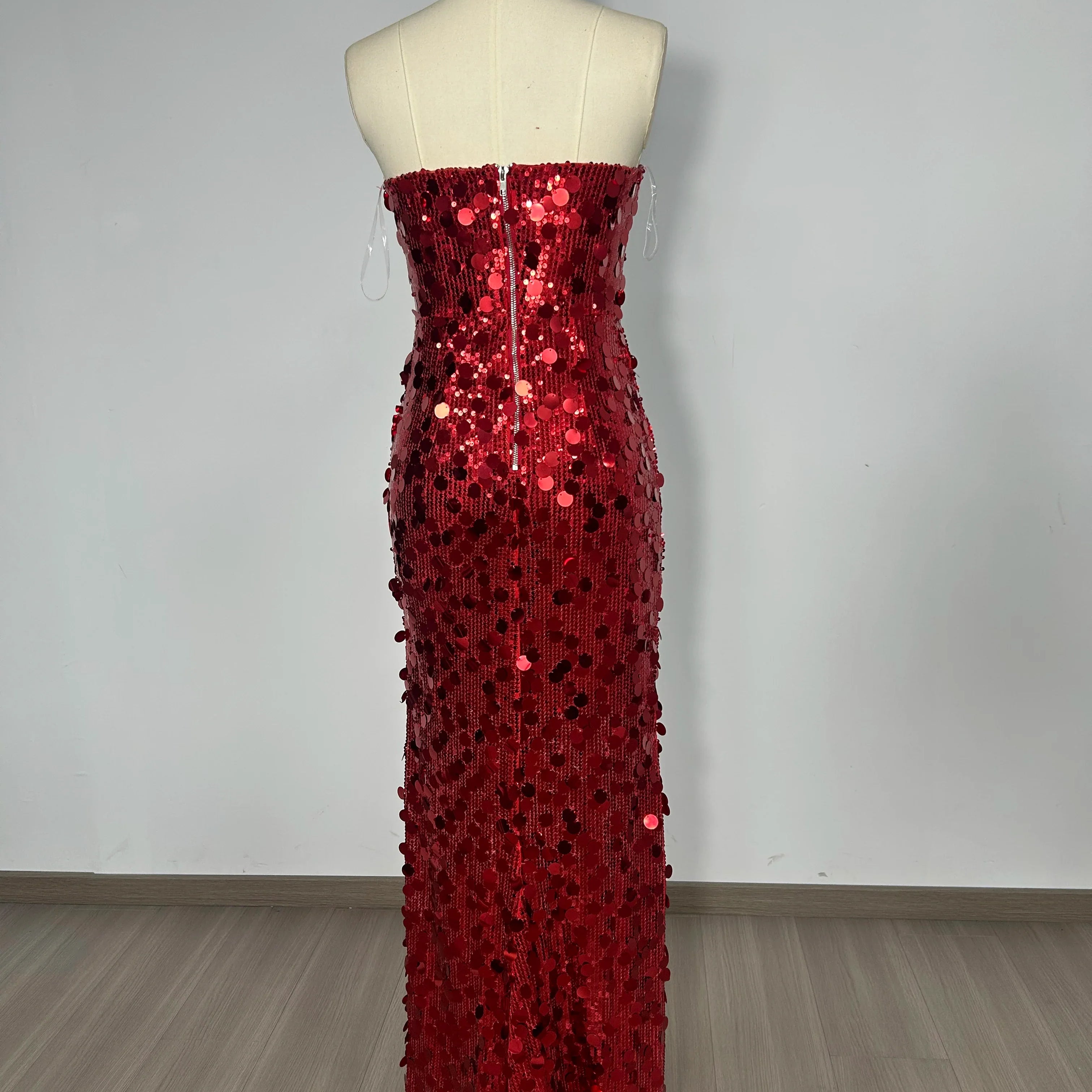 Christmas Style Women Shinning Red Sequins Strapless Bodycon Long Dress Celebrate Birthday Party Nightclub Outfit Vestido