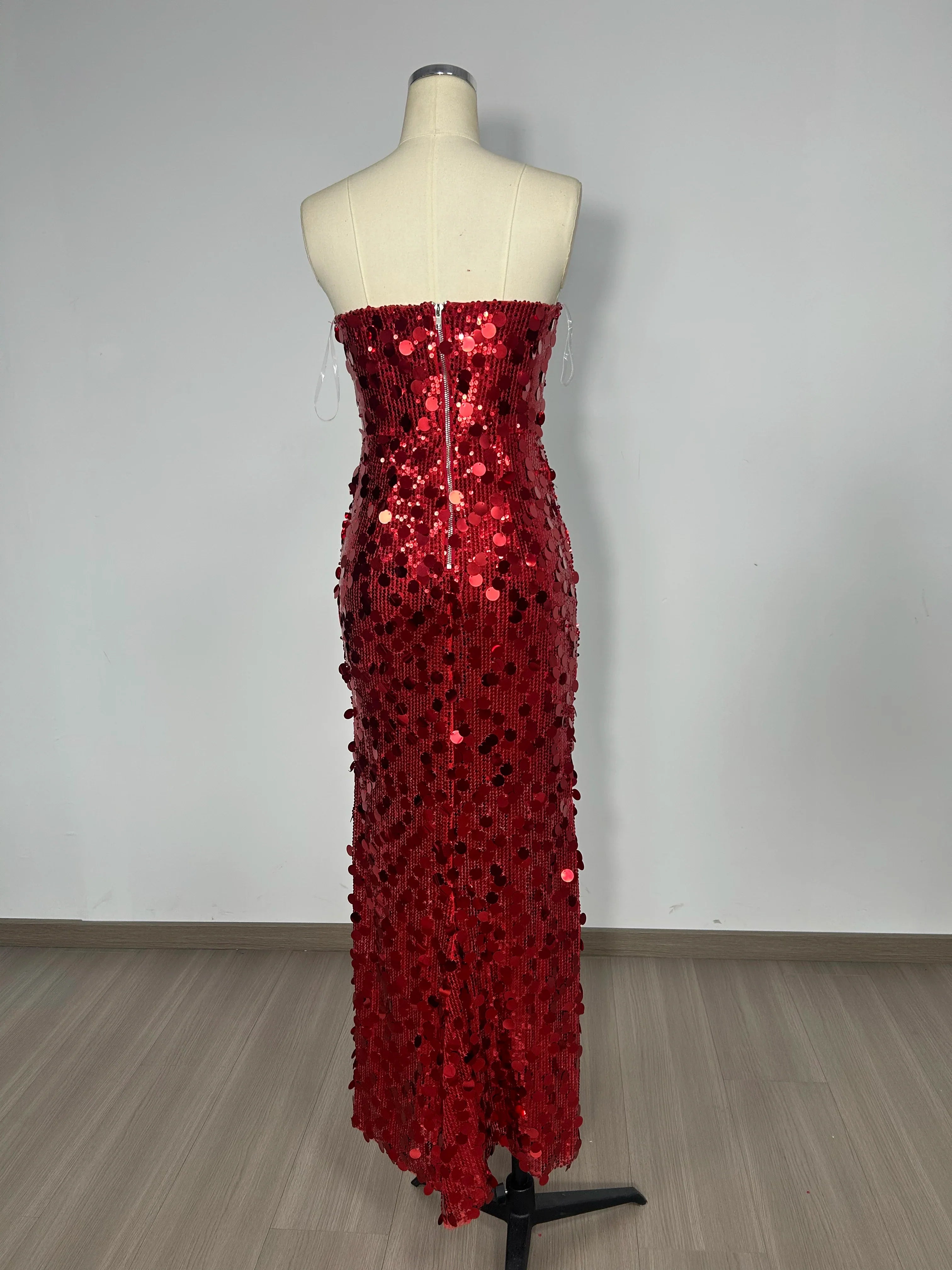 Christmas Style Women Shinning Red Sequins Strapless Bodycon Long Dress Celebrate Birthday Party Nightclub Outfit Vestido