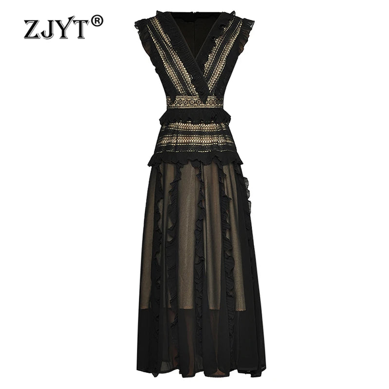 ZJYT 2024 Spring Summer Hollow Patchwork Lace Dresses for Women Elegant Sleeveless Ruffles Midi Black Party Dress Holiday Robe