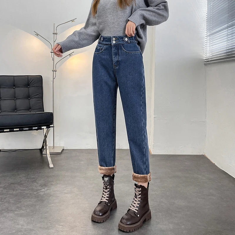 Women Winter Velvet Jeans Fleece Loose Harlan Pants Fleece Soft Comfortable Boyfriend Jeans Denim Blue Cropped Pants Retro Blue