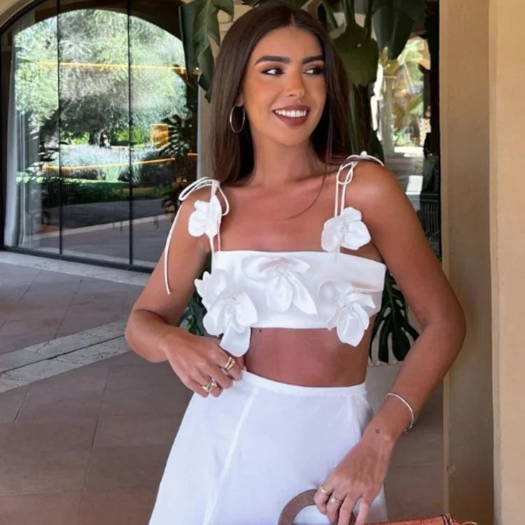 Summer Sexy 3d Flowers Sling Tank Tops Women Elegant Slim White Backless Crop Top New Chic Female Holiday Party Outfits