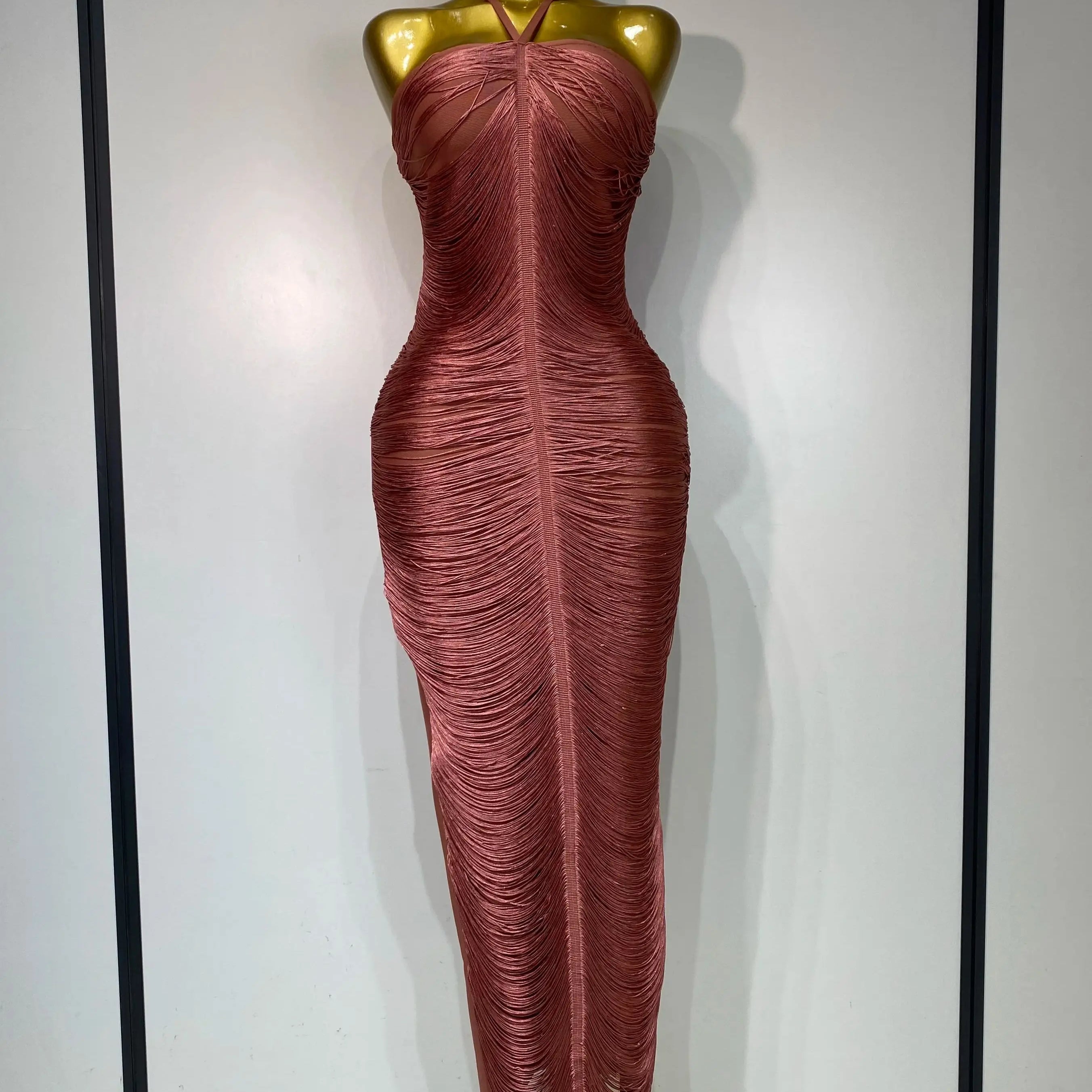 Women Sexy Celebrity Backless Halter Tassel Bodycon Bandage Dress 2025 Elegant Celebirty Evening Party Luxury Birthday Dress