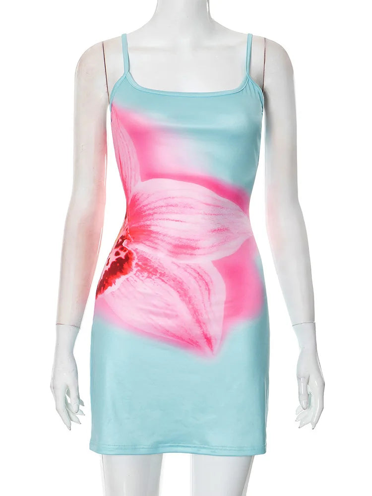 Spaghetti Strap Floral Print Sexy Mini Dress For Women Robe Fashion Elegant Sleeveless Backless Summer Beach Dress