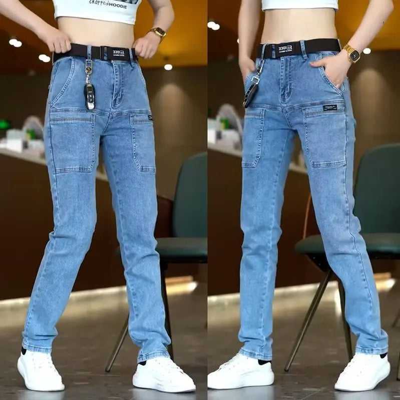 Korea Men Jeans Y2K Cargo Pants Spring Autumn Casual Blue Gray Denim Streetwear Straight Jeans Male Trousers Clothing Light Blue