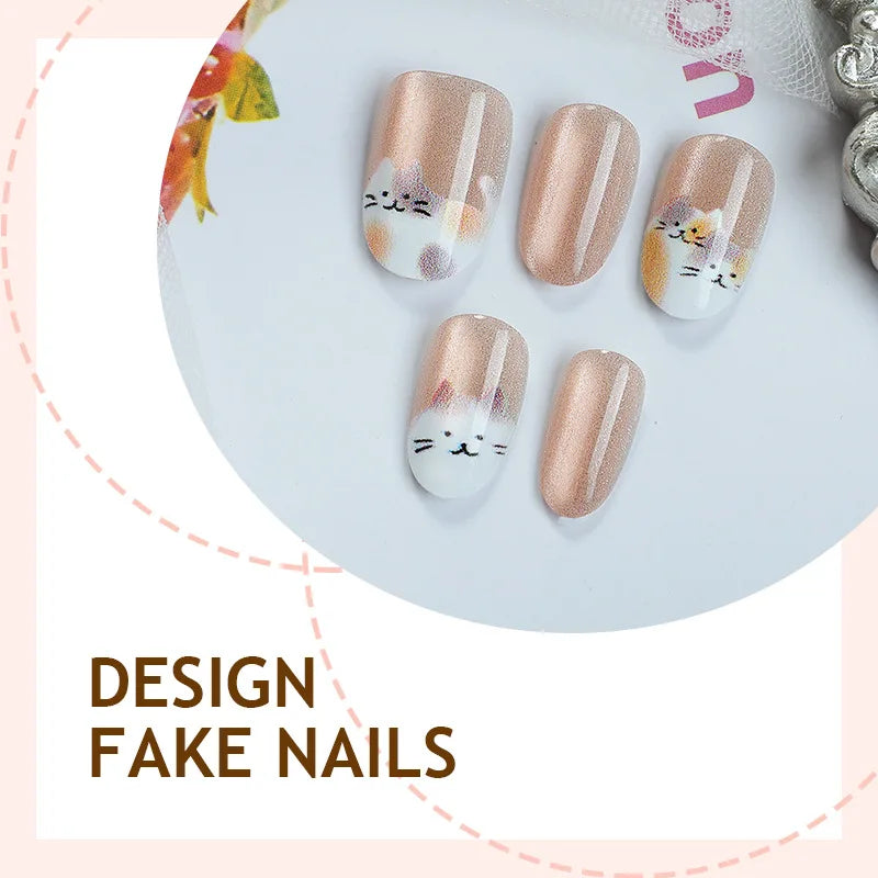 30pcs Cat Eye Cartoon Press on Nails Design False Nail for Women&Girl Short Oval Full Coverage Nail Tips Removable Wearable Nail