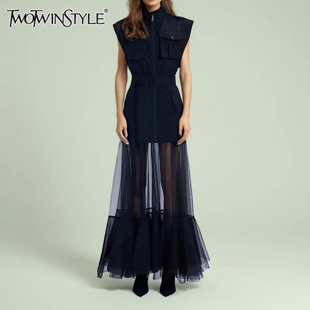 TWOTWINSTYLE Solid Sheer Spliced Mesh Folds Dress for Women Round Neck Sleeveless Patchwork Zipper elegant Dress Female Fashion