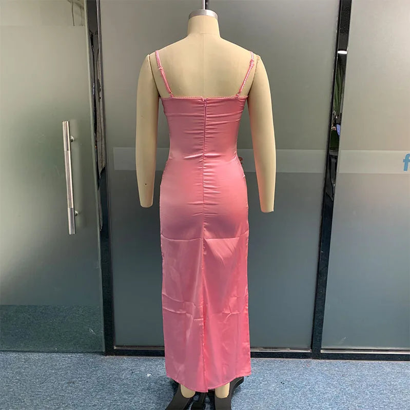 Women Maxi Dress Summer Satin Pink Solid Square Neck Suspender Slim Formal Occasion Evening Party Dresses Free Shipping