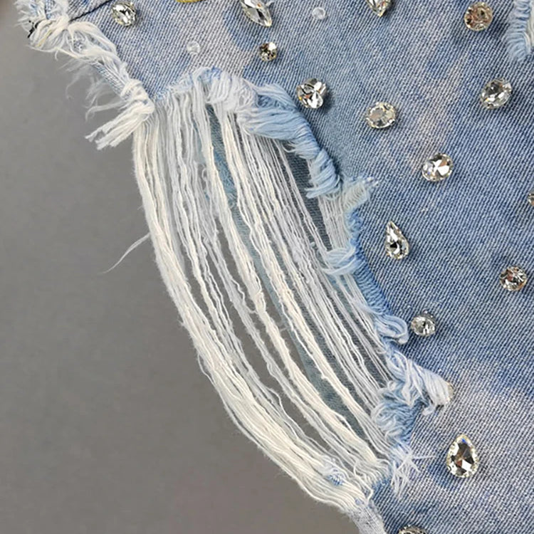 Women's Short Jeans High Waist Distressed Diamonds Tassel Loose Wide Leg Luxury Denim Shorts Autumn Fashion