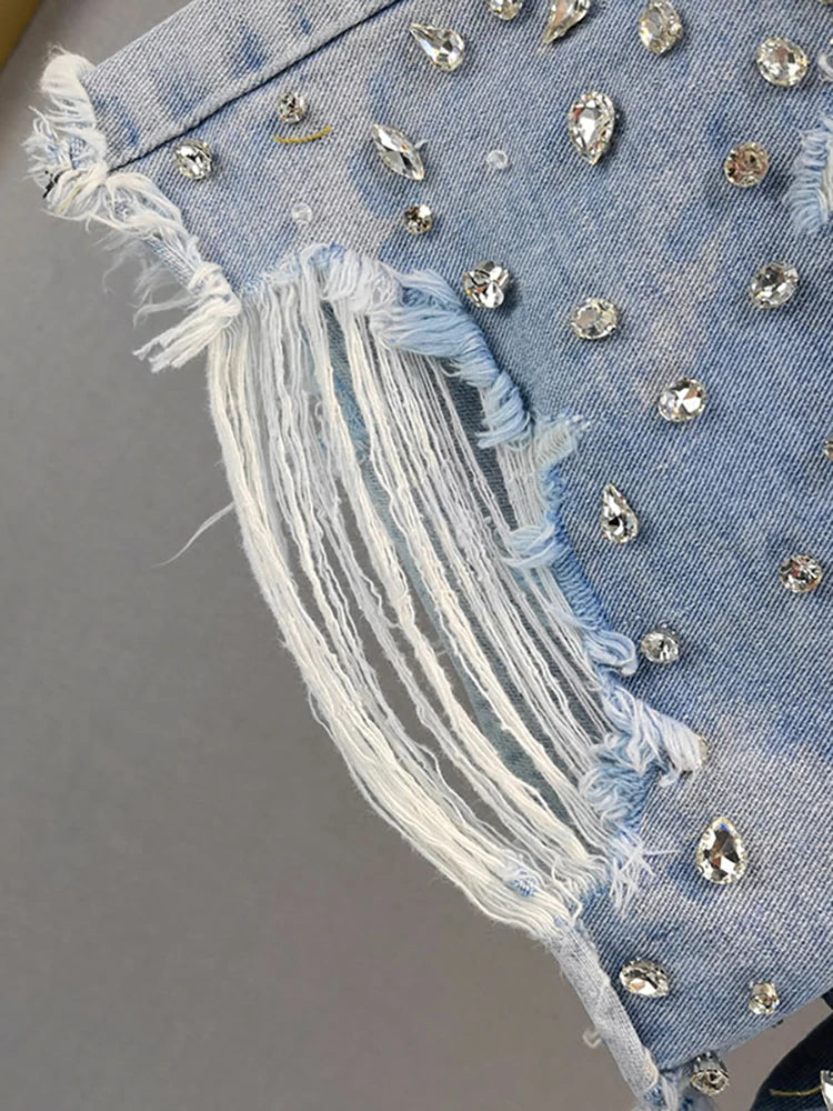 Women's Short Jeans High Waist Distressed Diamonds Tassel Loose Wide Leg Luxury Denim Shorts Autumn Fashion