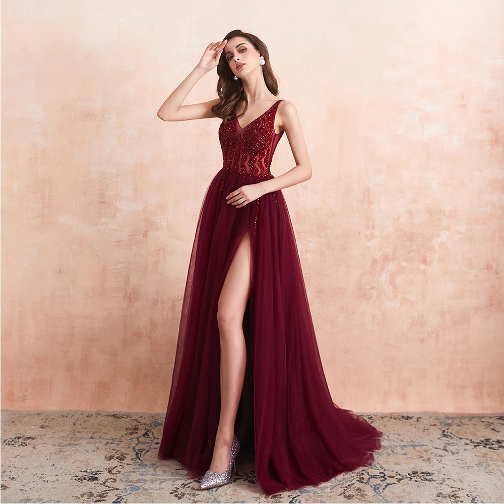 Gorgeous Evening Dresses for Women Sexy Dark Burgundy V Neck Crystal Beaded Beads Drawstring Formal Prom Gown