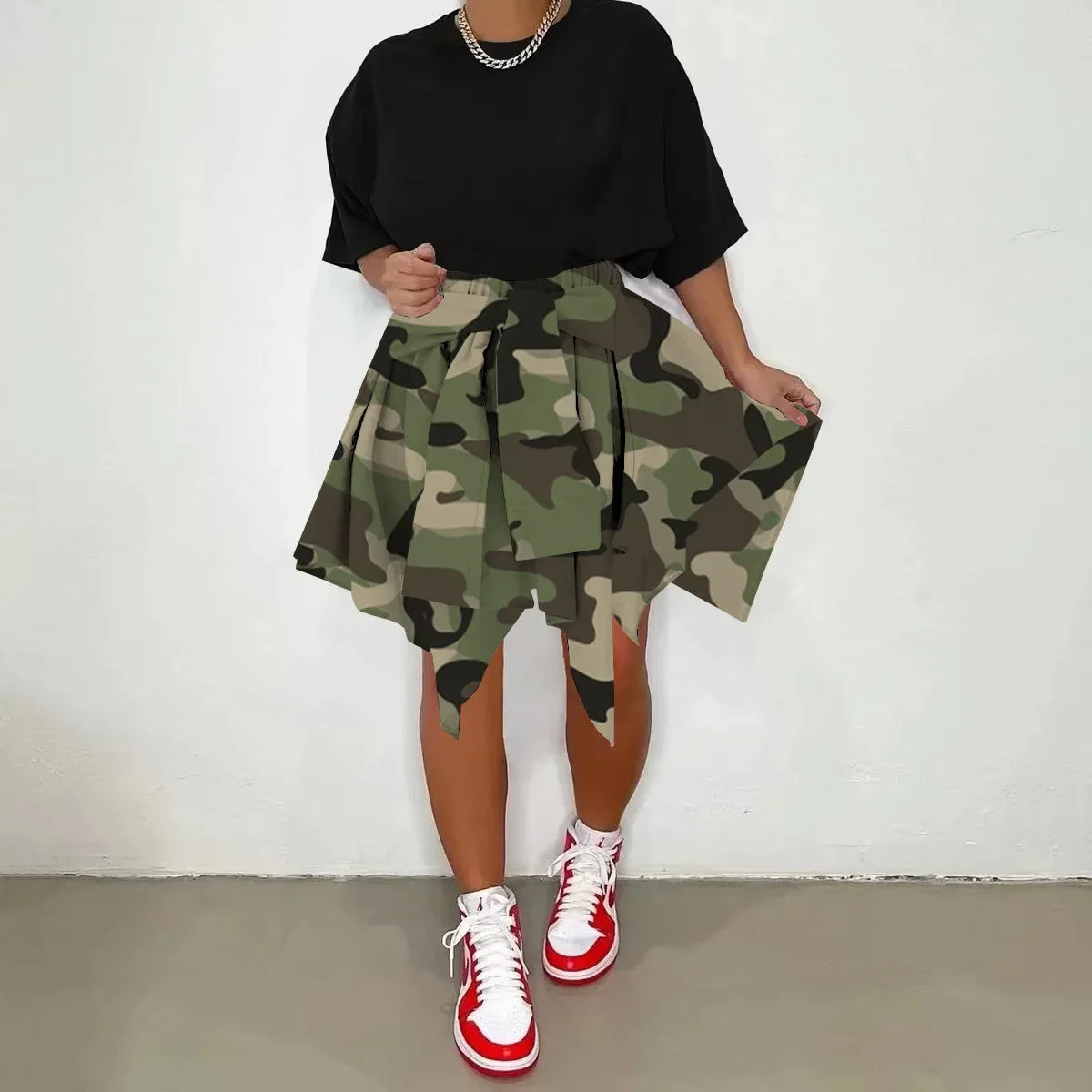 CM.YAYA Women Plaid Irregular High Waist Knee Length Skirts 2022 Summer Holiday Streetwear Sleeve Wrapped Lace Up Waist Skirt Green Camouflage