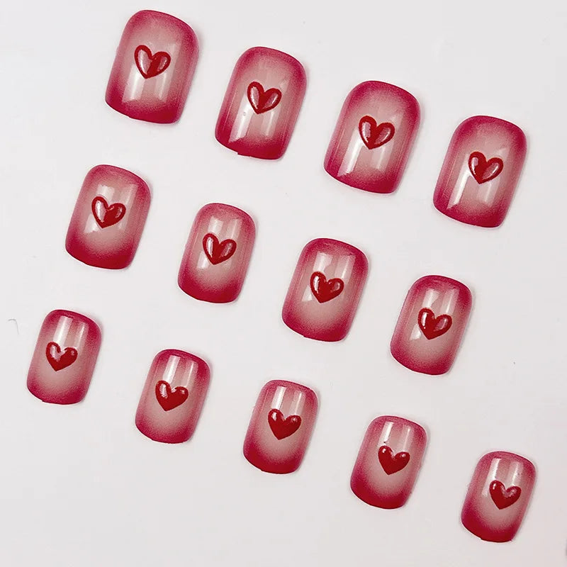 24Pcs Blush Red Fake Nails Short Square Press On Nails Love Heart Printed Women Girls Valentine's Day Charm False Nails Art