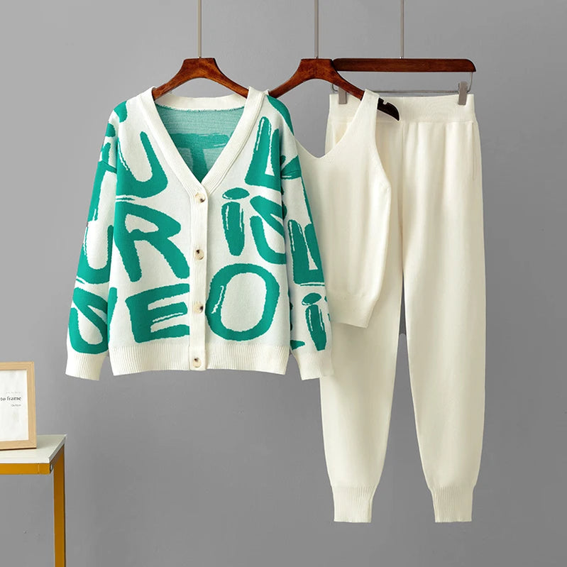 Autumn Winther 3 Piece Women Cardigan Tracksuits Letters Knitted Pocket Pants Set Ladies Sweater Suit European Fashion Outfits green One Size