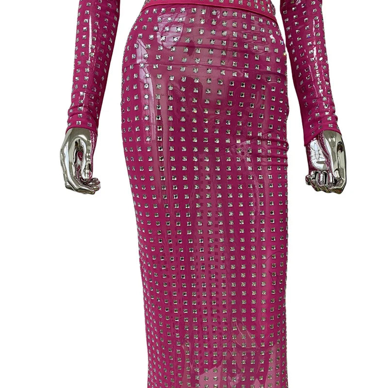STOCK Sparkling square Diamonds Sexy Mesh See Through Top And Skirt Woman Fashion Set High Street Wear Evening Party Outfit