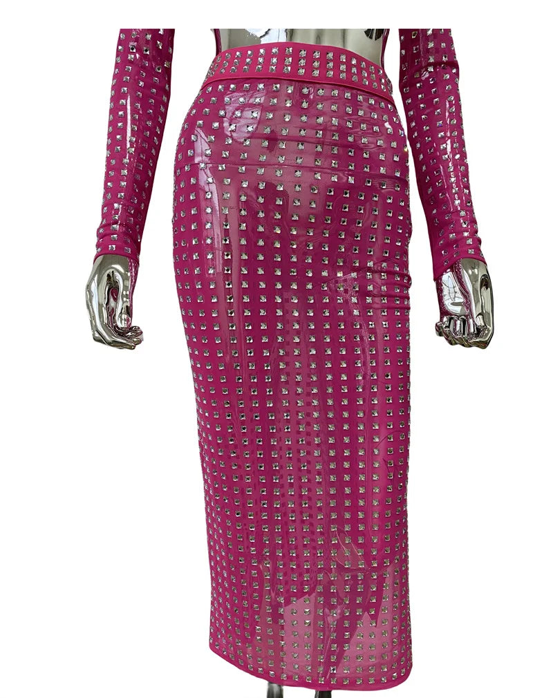 STOCK Sparkling square Diamonds Sexy Mesh See Through Top And Skirt Woman Fashion Set High Street Wear Evening Party Outfit