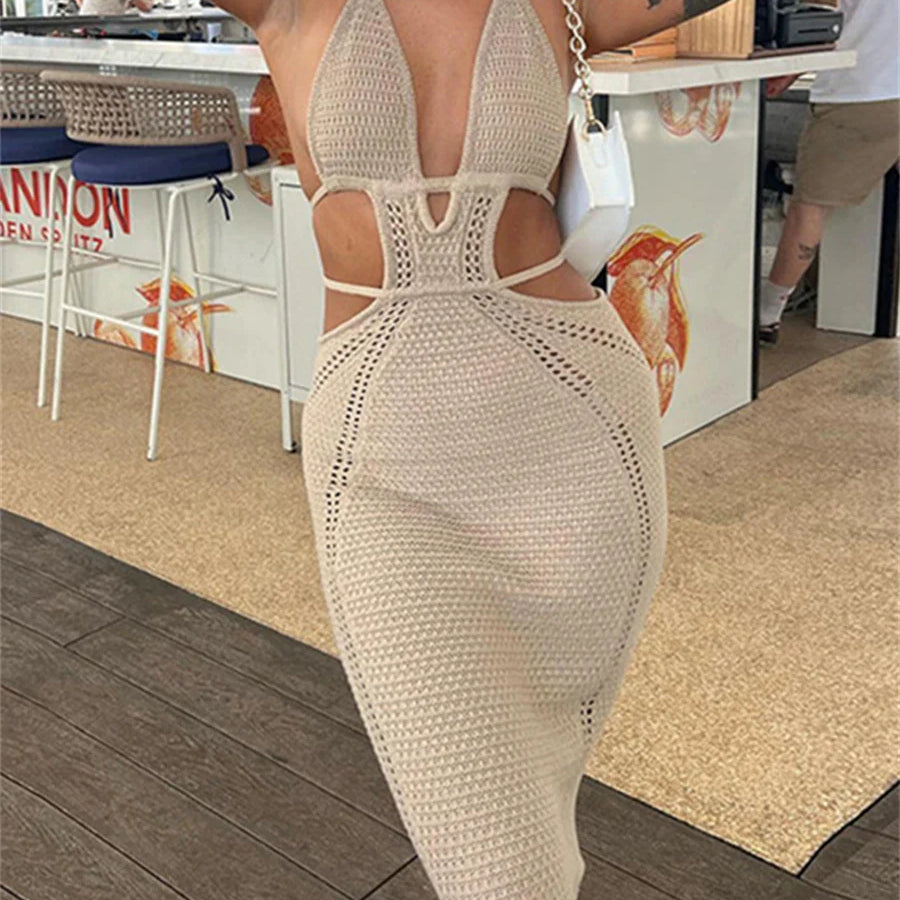 wsevypo Women Halter Tie-up Knit Crochet Beach Dress Sexy Backless Sleeveless Deep V Cutout Waist Wrapped Bodycon Dress Clubwear